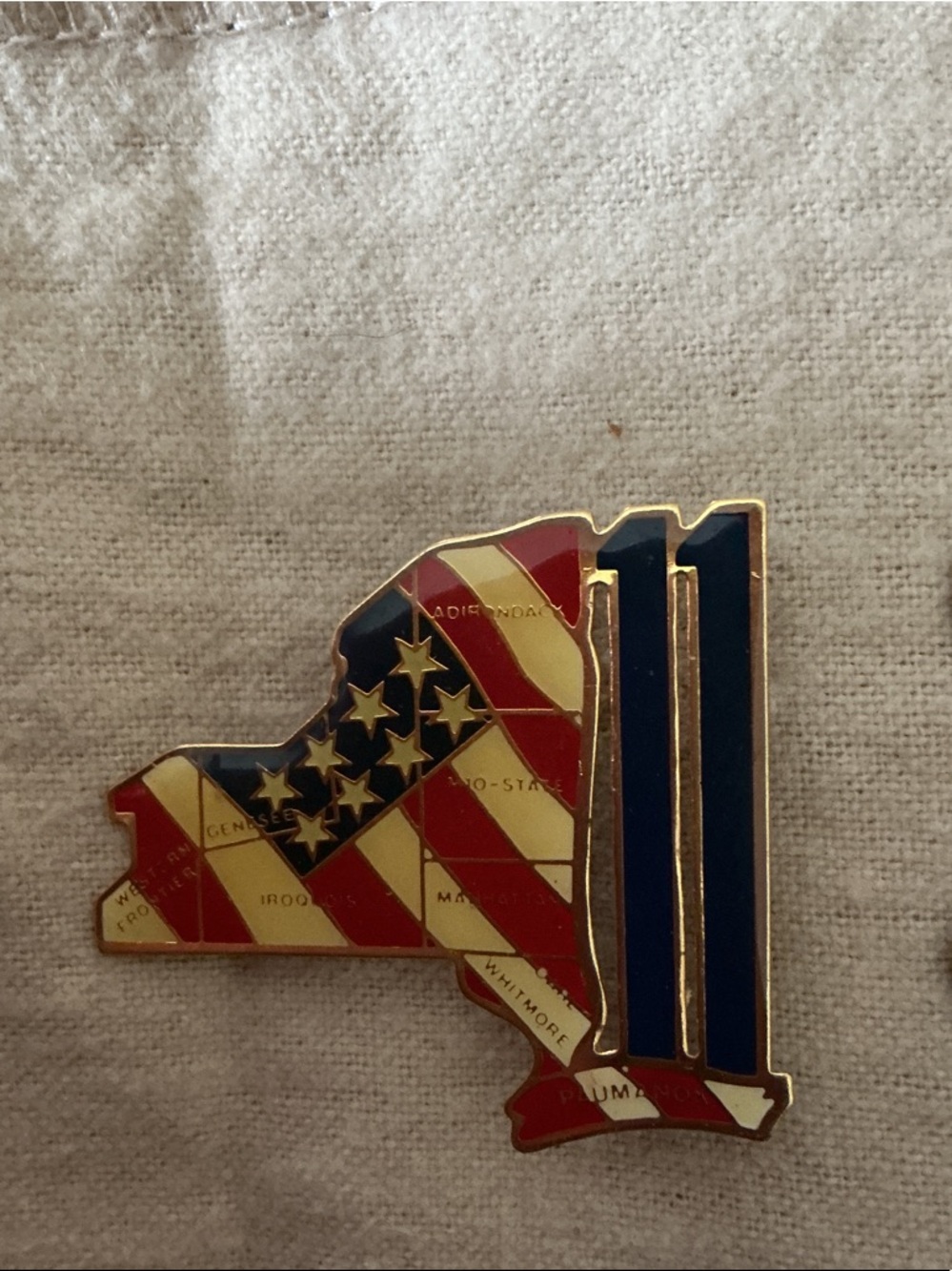 Vintage New York State Flag Map Pin with Blue '11' Accent